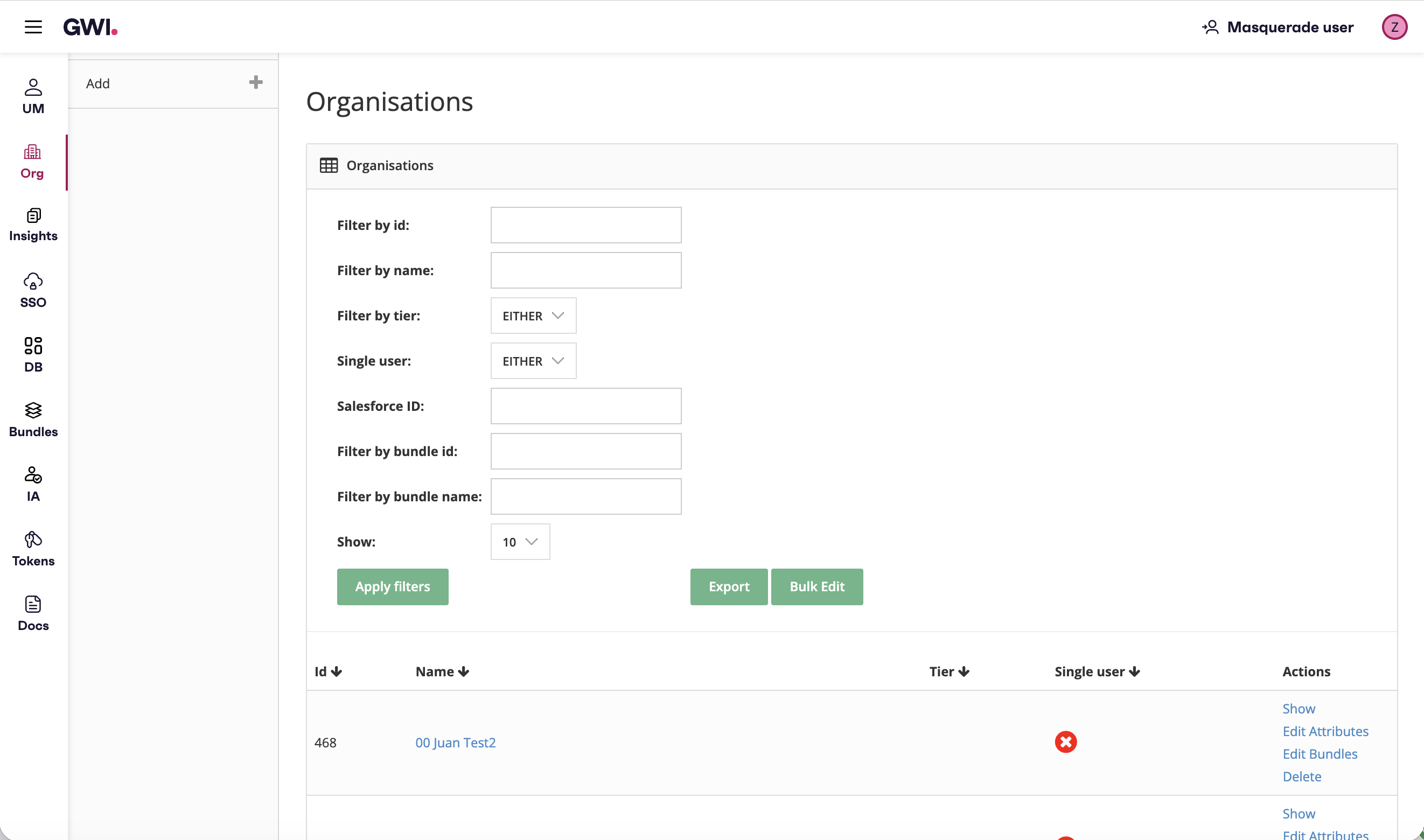 GWI Admin Organisations screen: sidebar navigation, filter panel for id, name, Salesforce ID, bundles, tier, and a table of organisations with row actions.